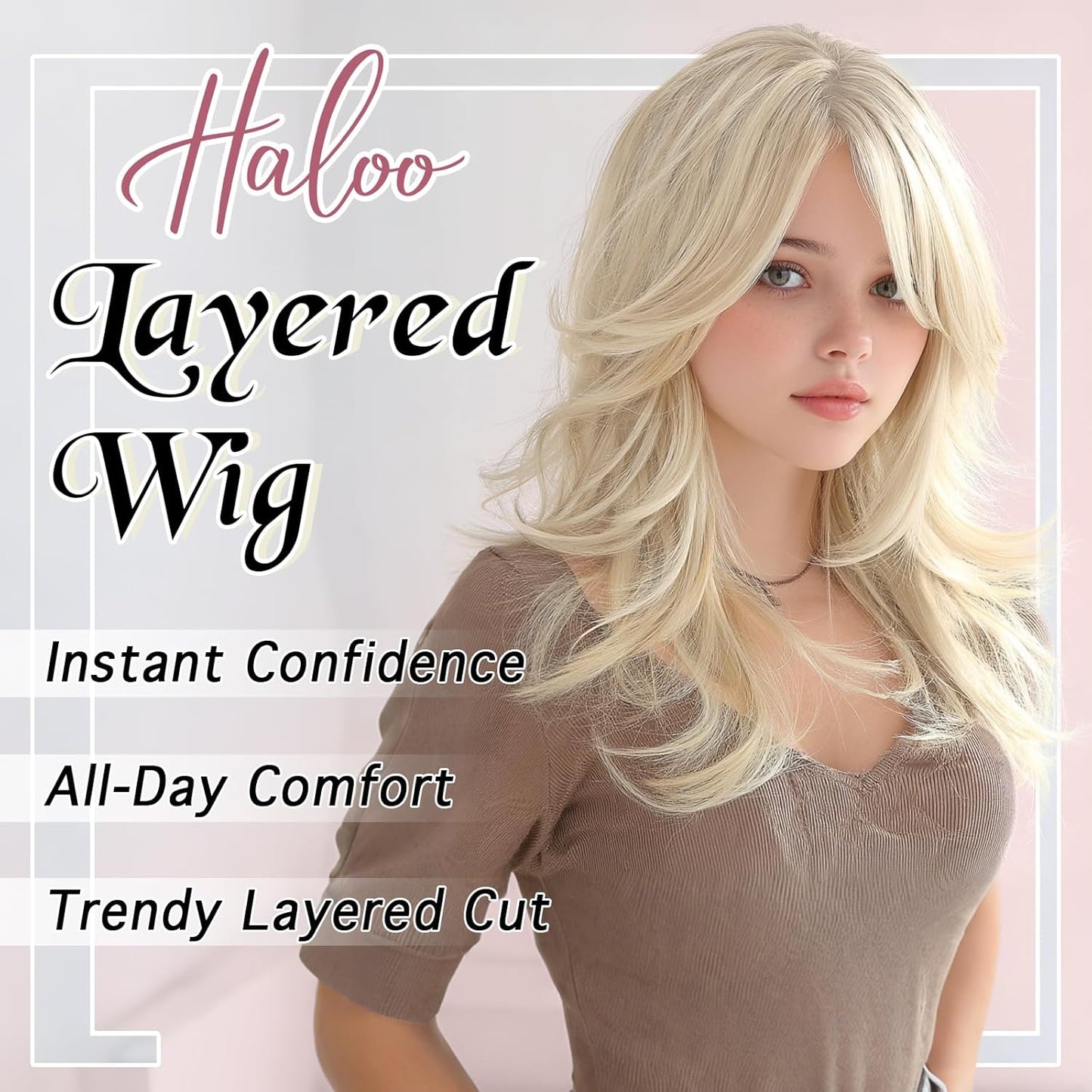 Blonde Layered Wig with Curtain Bangs - Natural-Looking Synthetic Hair | 20 Inch Light Blonde