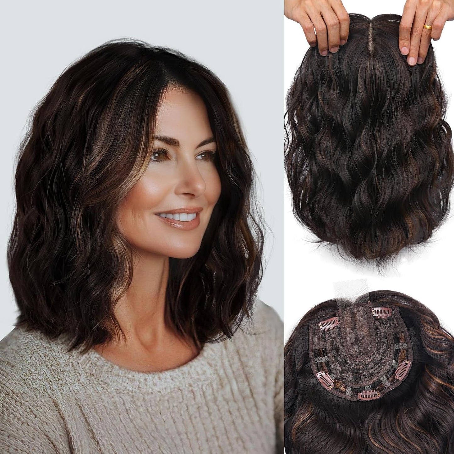 Hair Topper for Women - 11 Inch Short Wavy Synthetic Hairpiece | Heat Resistant, 6.5"x6.5" Base for Thinning Hair