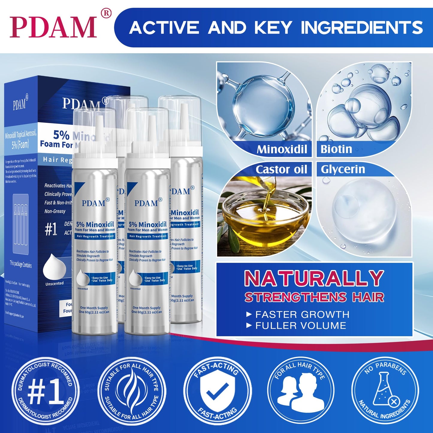 PDAM 5% Minoxidil for Men and Women Foam – Clinically Proven Regrowth for Thinning Hair, Topical Hair Loss Treatment, Extra Strength Foam for Thicker, Fuller Hair, 4-Month Supply (4 x 2.11 oz)