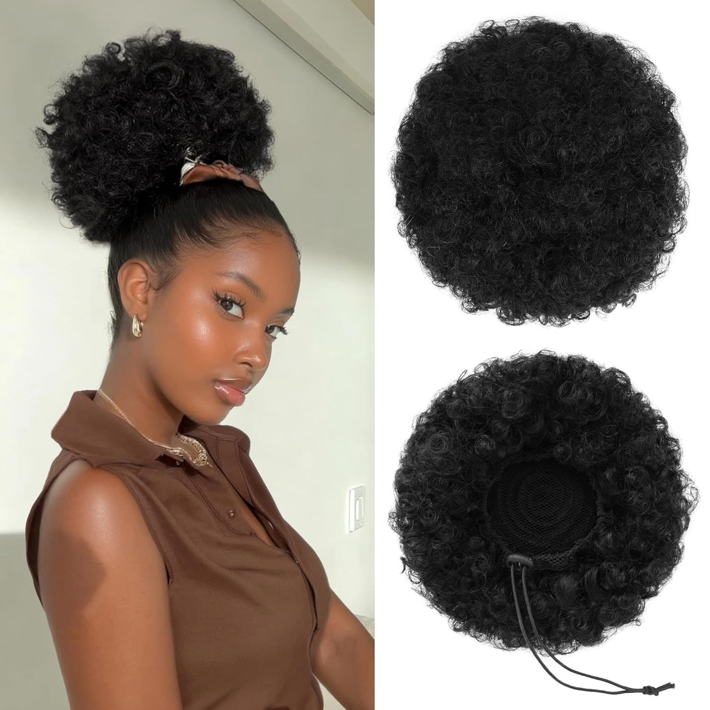 Human Hair Afro Puff Drawstring Ponytail - Kinky Curly Short Extensions for Black Women | Medium Size - 1B Natural Black