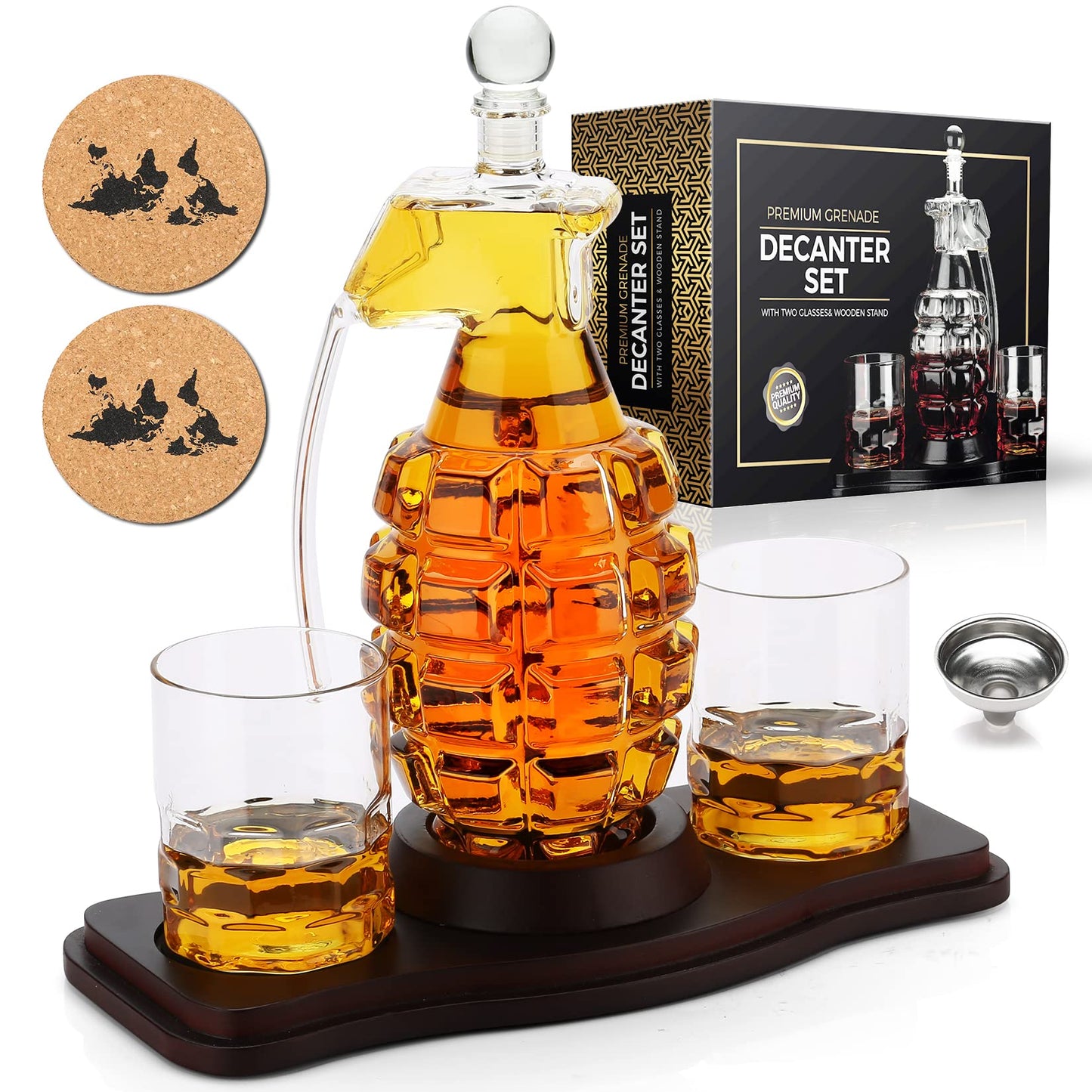 Whiskey Decanter Set Grenade Shaped Liquor Decanter Set with 2 Glasses - Scotch Bourbon Drinking Gift for Men&Women Dad Husband Boyfriend Brother Anniversary Birthday Christmas House Warming Present