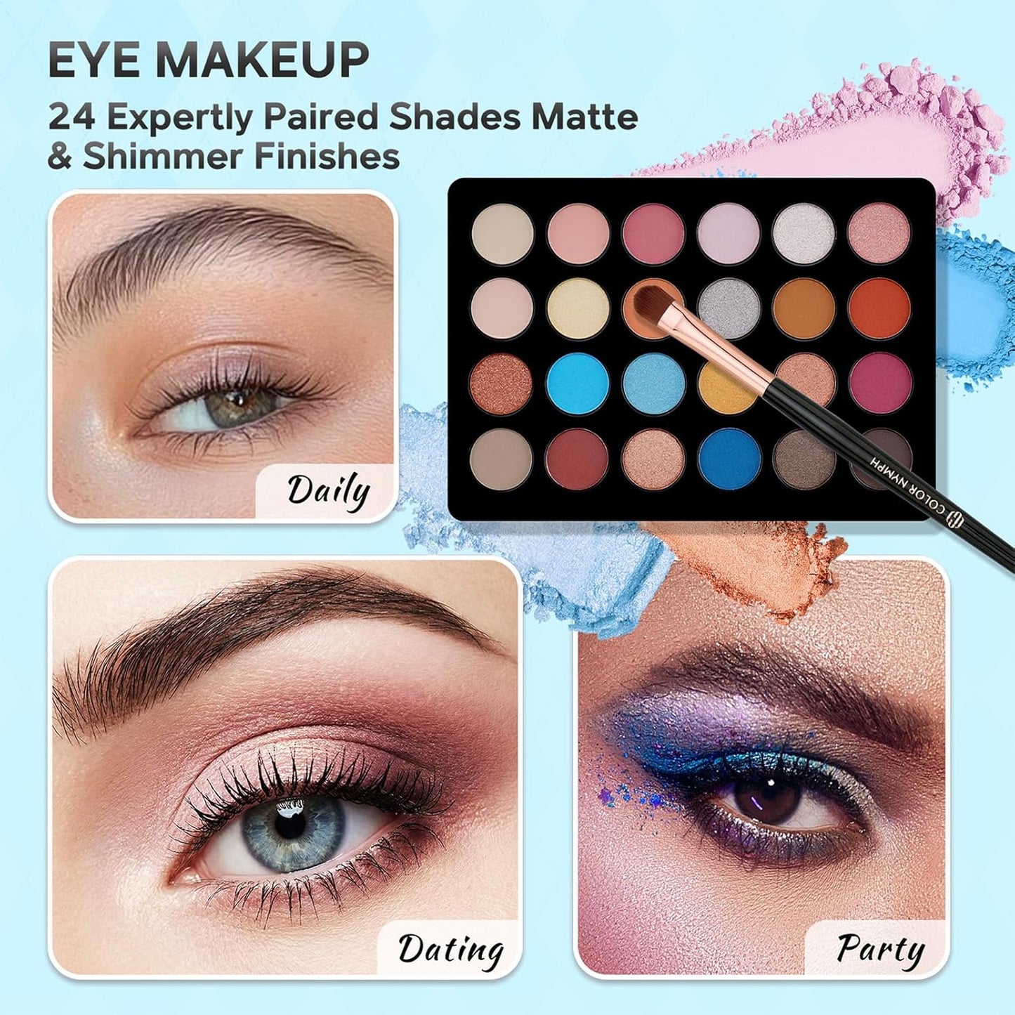 Beginner Makeup Kit for Teens - 24-Color Eyeshadow Palette, Blush, Bronzer & Brushes | Small Cosmetic Train Case Included