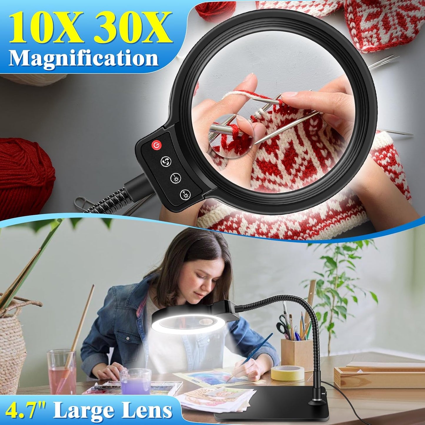 30X 10X Magnifying Glass with Light - 72 LED, Dimmable, Hands-Free Desk Lamp for Crafts | Square Design