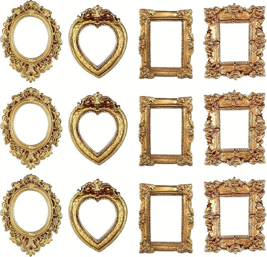 Golden Baroque Resin Mini Picture Frames - 12pcs Vintage Photo Display Cases for Home Decoration | Wedding & Christmas Decor