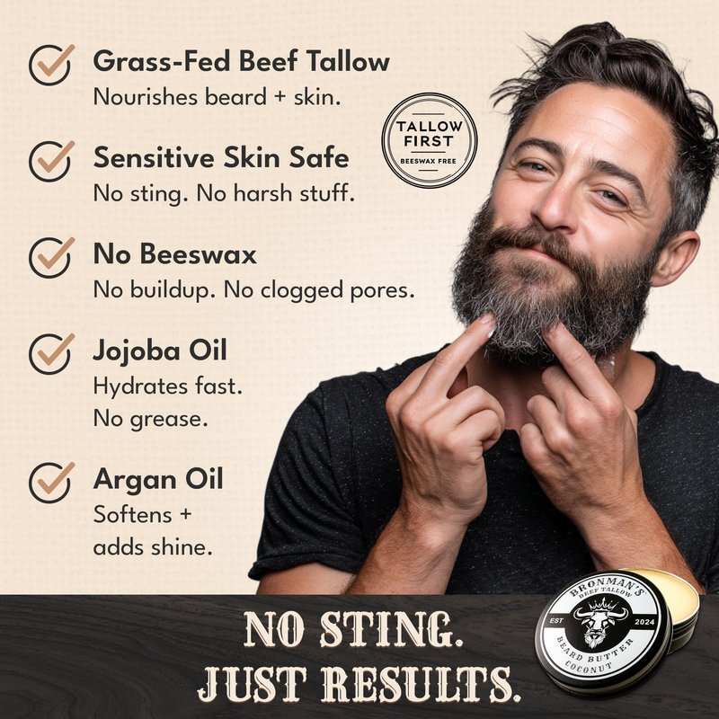 Bronmans Beef Tallow Beard Butter for Men - 4oz - Hydrating Coconut Beard and Skin Balm with Shea Butter - Deeply Moisturizing Tallow