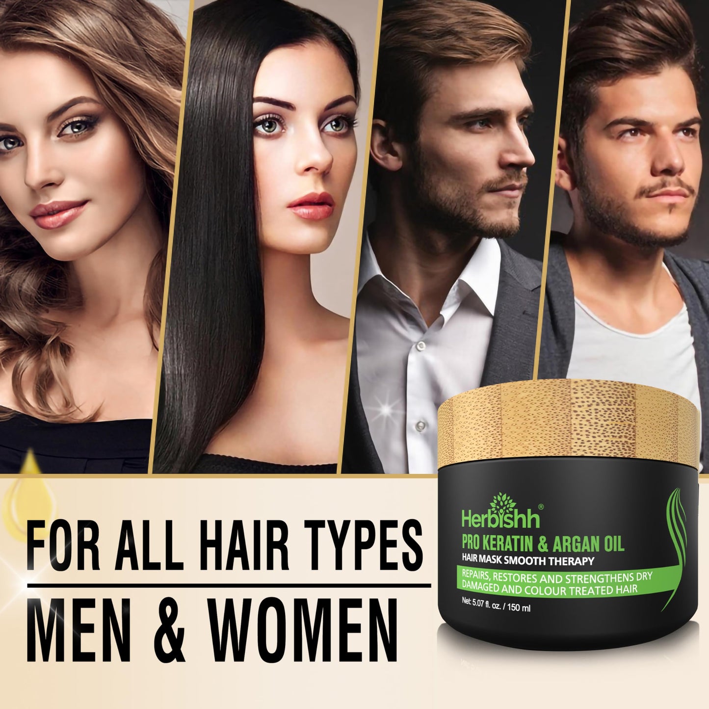 Herbishh After Color Shampoo Combo, 1 Hair Color Shampoo Hair Dye 500ml Argan Oil + 30ml Pro Keratin + 150 ml Argan Hair Mask, Hair Straightening, Shine And Protection For Men And Women (Light Brown)