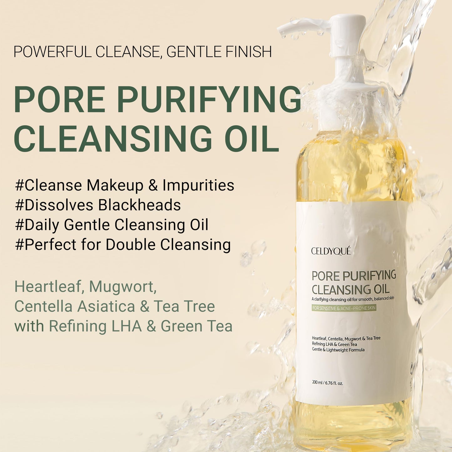 Korean Cleansing Oil Makeup Remover w/ LHA Centella Tea Tree Heartleaf Murwort & Green Tea | Lightweight Deep Pore Cleaner for Blackheads Sebum Waterproof Sunscreen & Sensitive Acne-Prone Skin 6.7 Oz