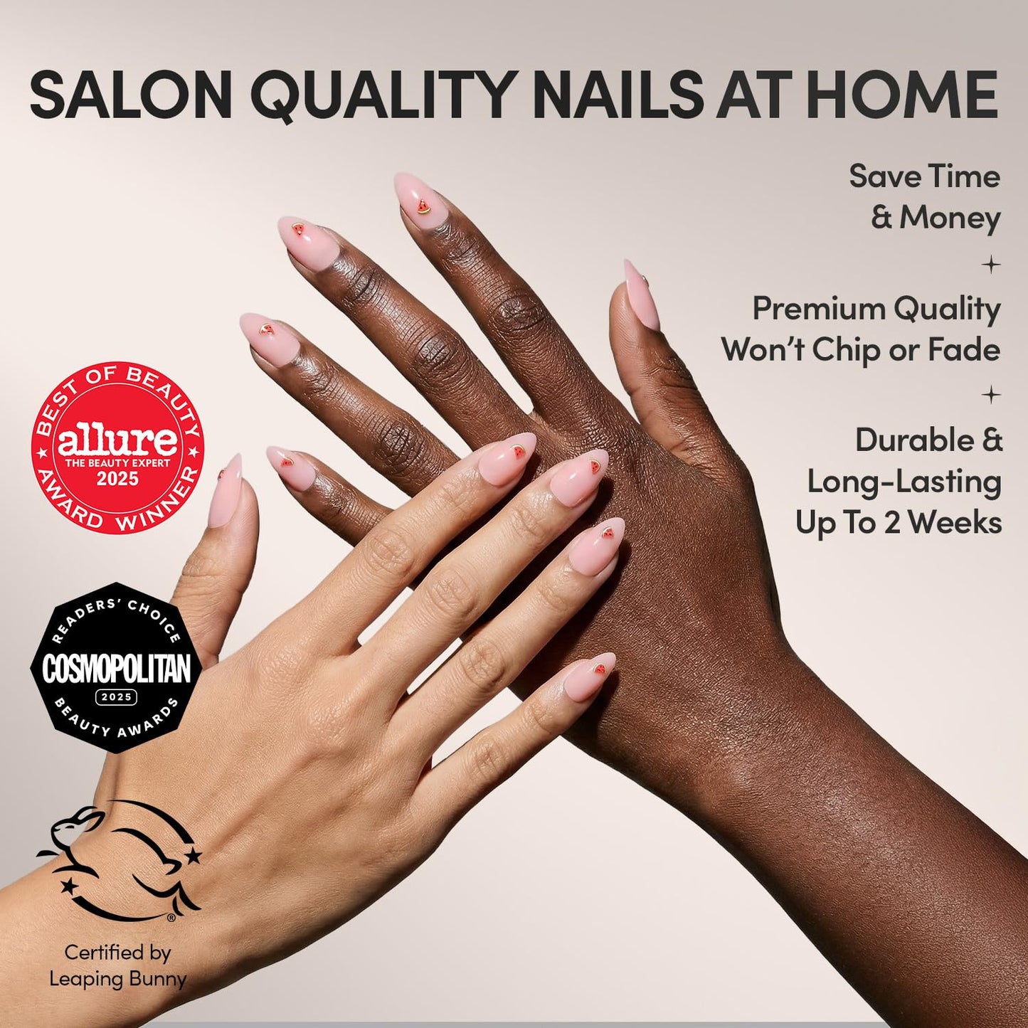 Glamnetic Press On Nails - Short Almond Glossy Pink Nails with 3D Watermelon Design | 30 Nail Kit with Glue, 15 Sizes