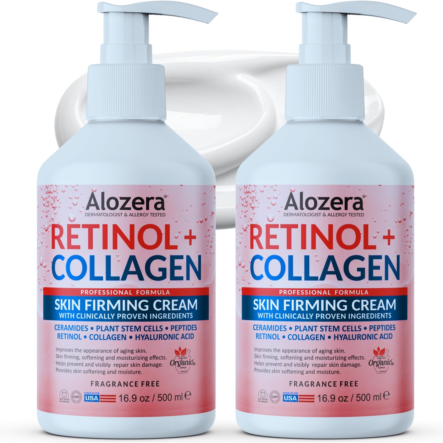Alozera Firming Body Lotion with Retinol & Collagen, Anti-Aging Body Moisturizer Cream for Crepey Skin, Improves Skin Elasticity, Lightweight & Fast Absorbing, No Added Fragrance, 16.9 Ounce (2-Pack)