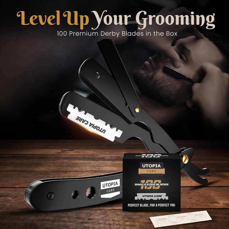 Utopia Care Professional Barber Straight Edge Razor Safety with 100-Pack Utopia Care Blades - 100 Percent Stainless Steel