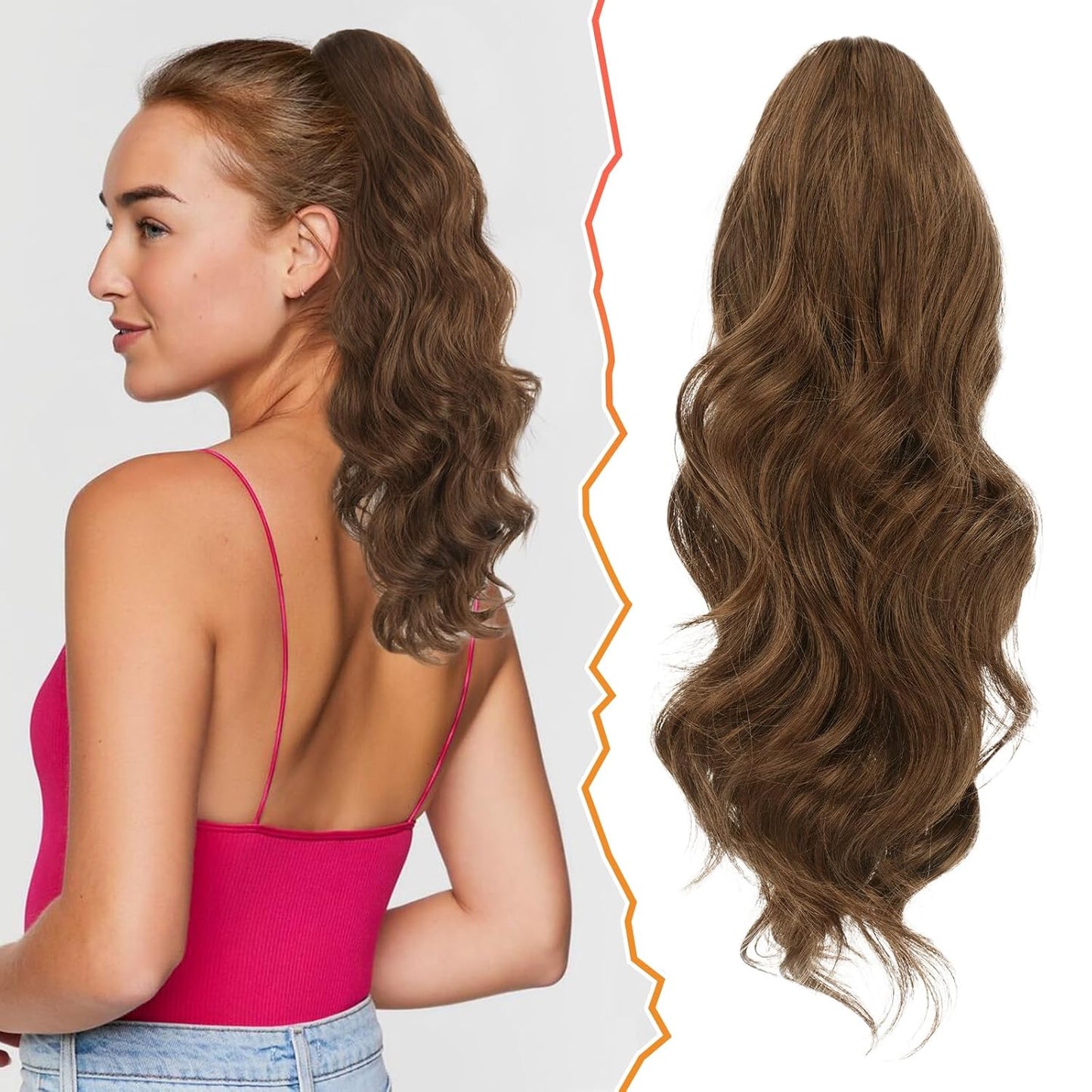 Highlight Ponytail Extension - 20 Inch Curly Wavy Drawstring Hairpiece for Women | Ash Brown & Blonde