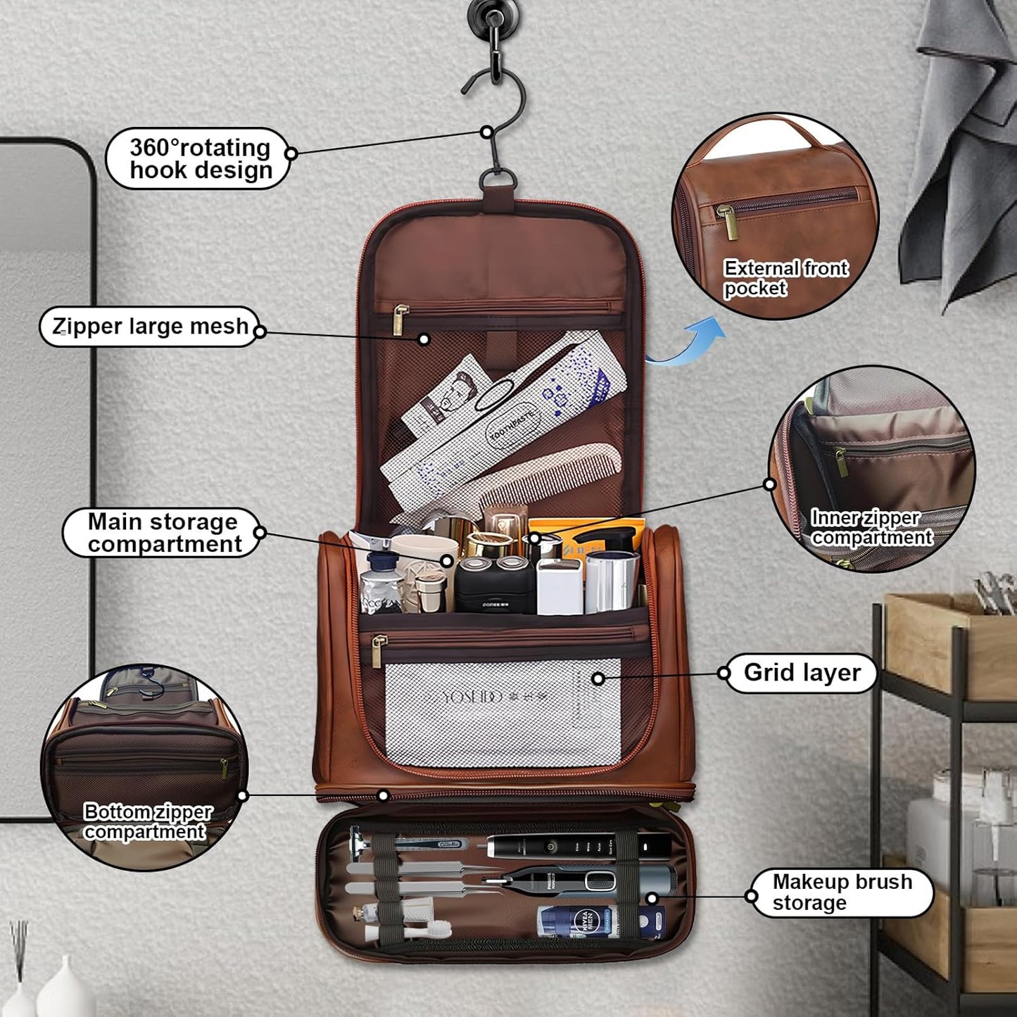 Travel Toiletry Bag - Leather Hanging Organizer | Waterproof with Separate Compartments - Dark Brown