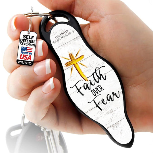 MUNIO Self Defense Keychain – Lightweight, Stylish & Portable Safety Tool for Women & Men – Non-Lethal Kubotan, Easy to Use, TSA Approved – Made in USA – Faith Over Fear Design