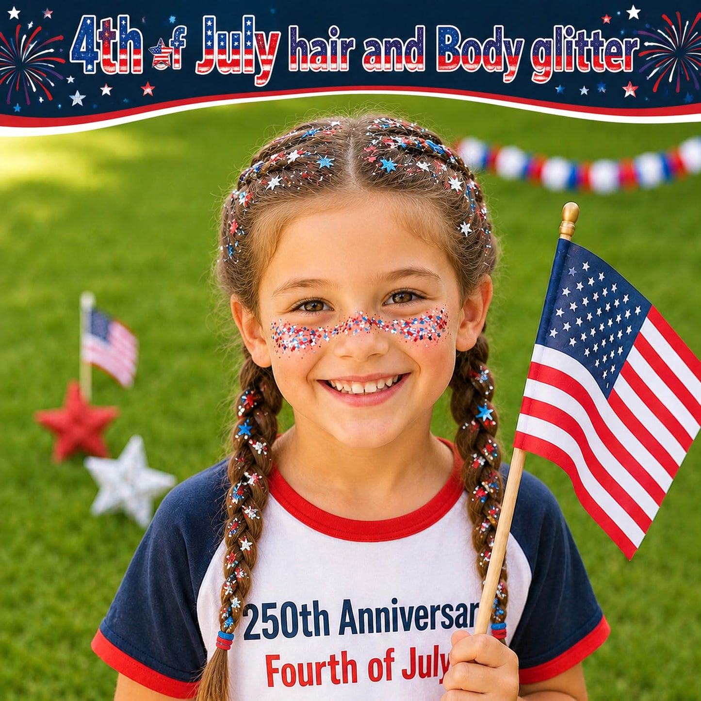 4th of July Glitter Stick, Patriotic Face Hair Glitter Stick, Fourth of July Outfit Accessories for Women Kids, Red White and Blue USA Accessories for Independence Day, Memorial Day