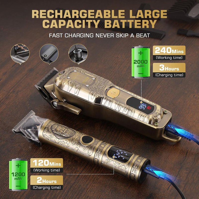 Professional Hair Clippers for Men - Cordless Barber Clippers with LCD Display & Precision Trimmer | Travel Case Included