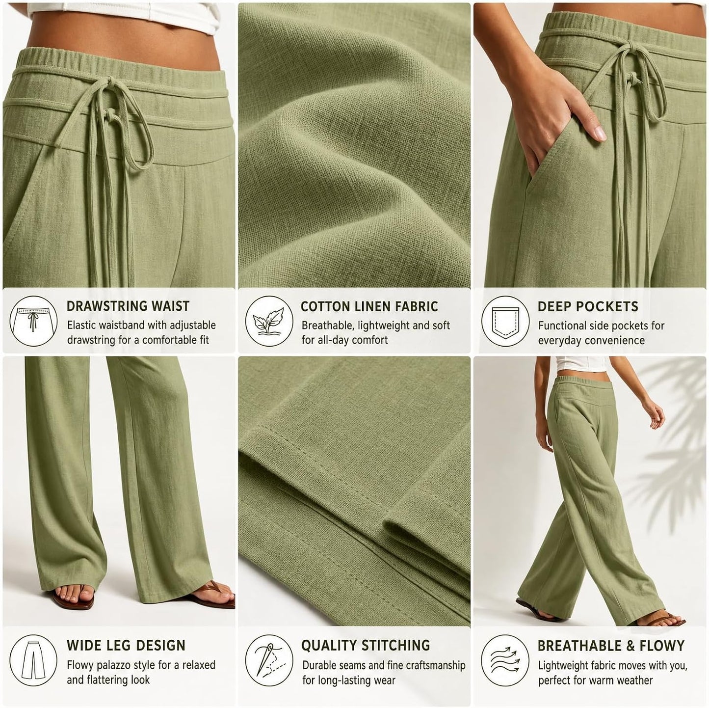 Wide Leg Linen Pants for Women - Loose Flowy Palazzo Trousers | Summer Beach Vacation Wear