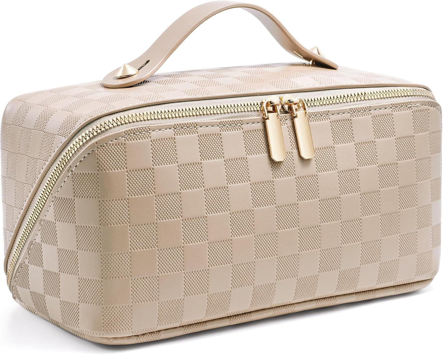 Large Capacity Travel Cosmetic Bag - Waterproof PU Leather Makeup Organizer with Dividers | Stylish Checkered Design