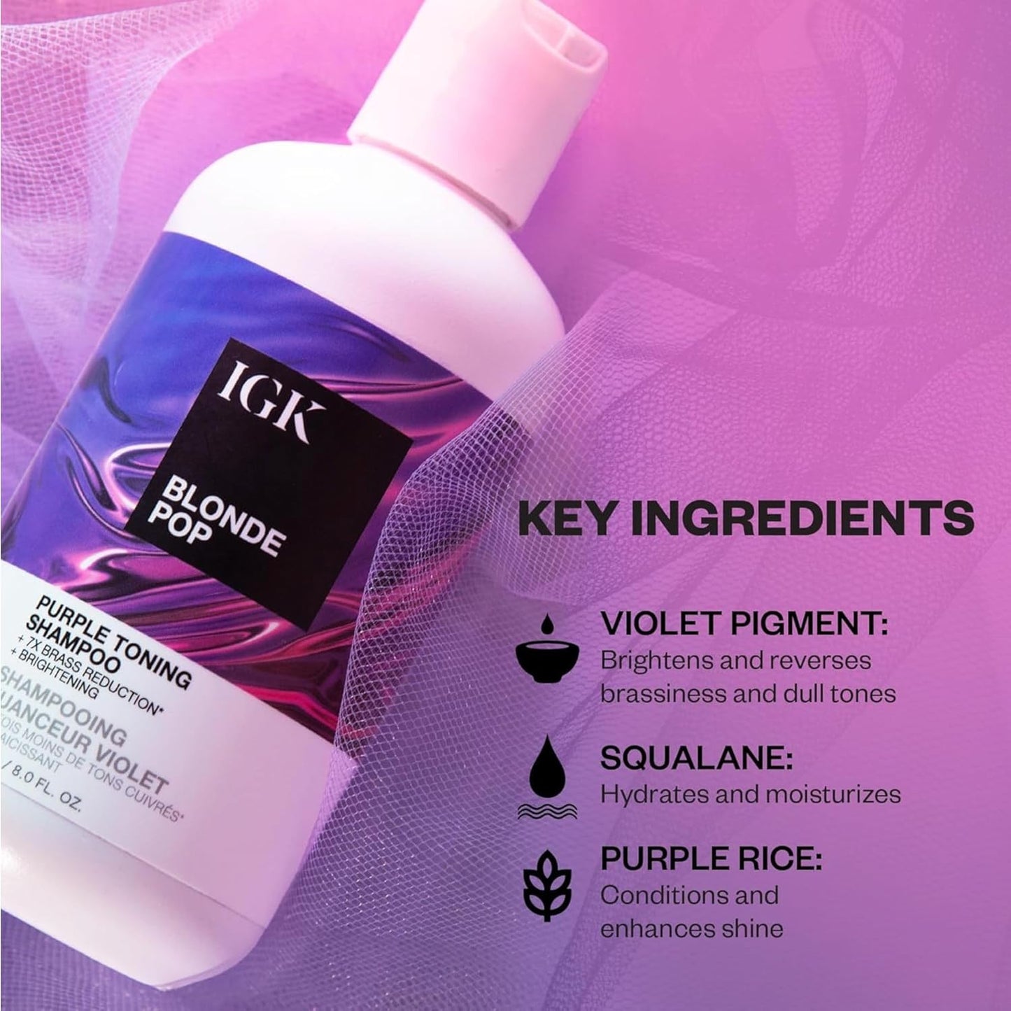 IGK Blonde Pop Purple Shampoo - Neutralizes Brass & Brightens Blonde | Toning Shampoo for Color-Treated Hair | 8 Oz