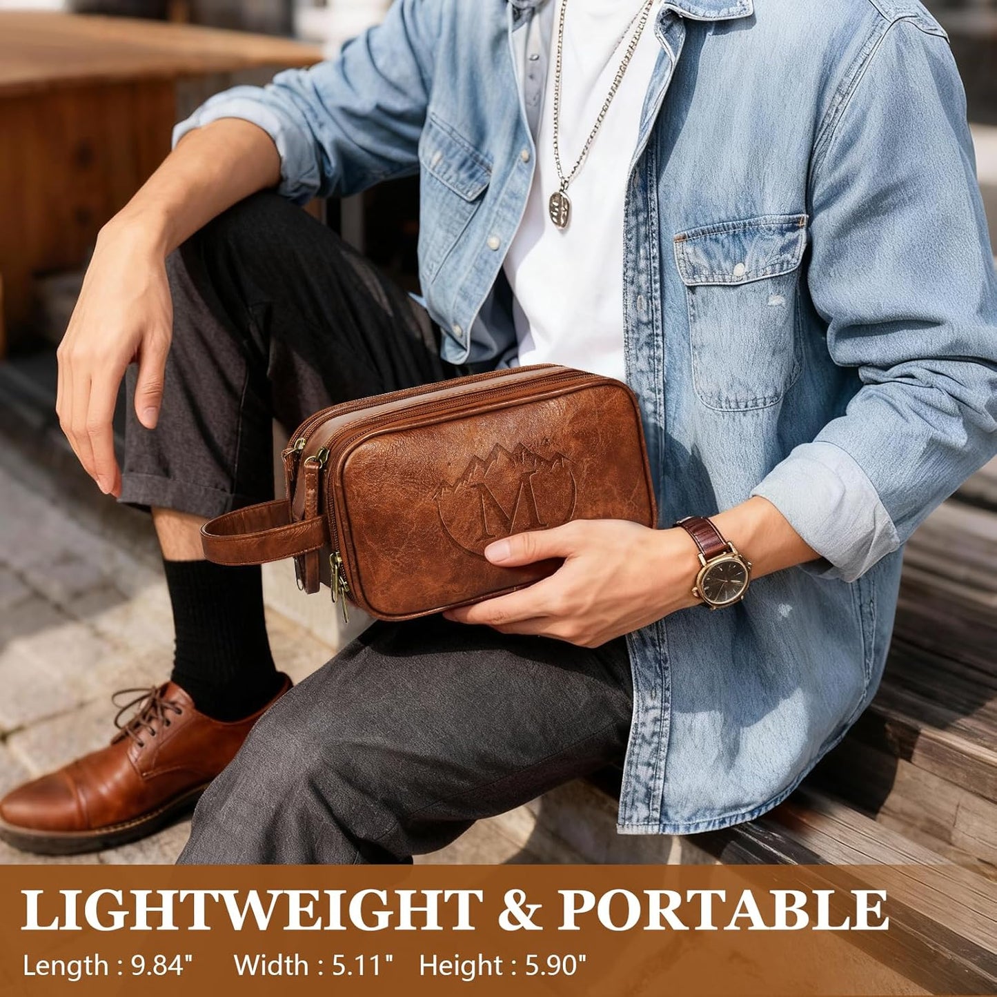 Personalized Toiletry Bag for Men - Engraved Waterproof PU Leather Shaving Bag | Ideal Father’s Day Gift, Brown - M