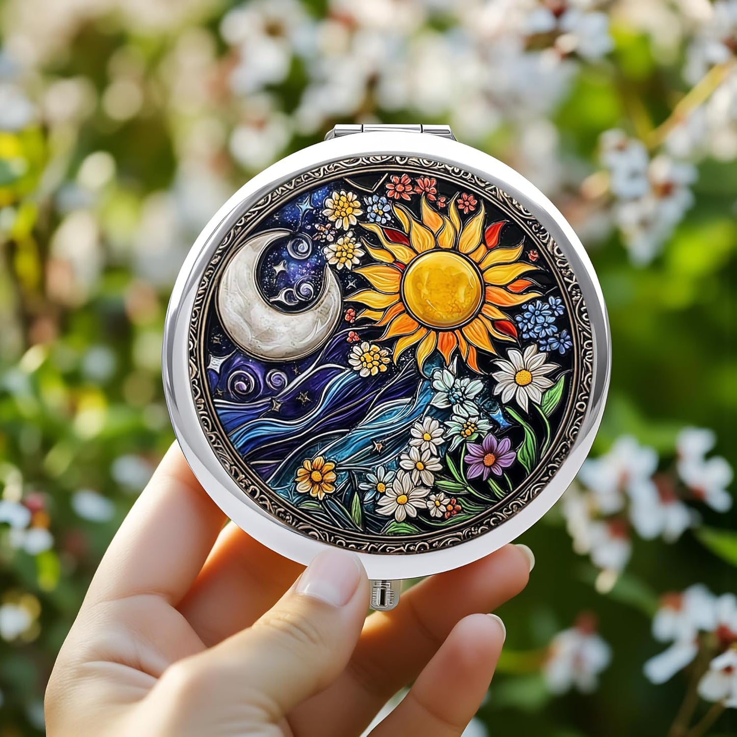 Silver Compact Mirror - Double-Sided Folding Makeup Mirror with Sun Moon Floral Design | 2.8"x2.8" - Perfect Gift for Women