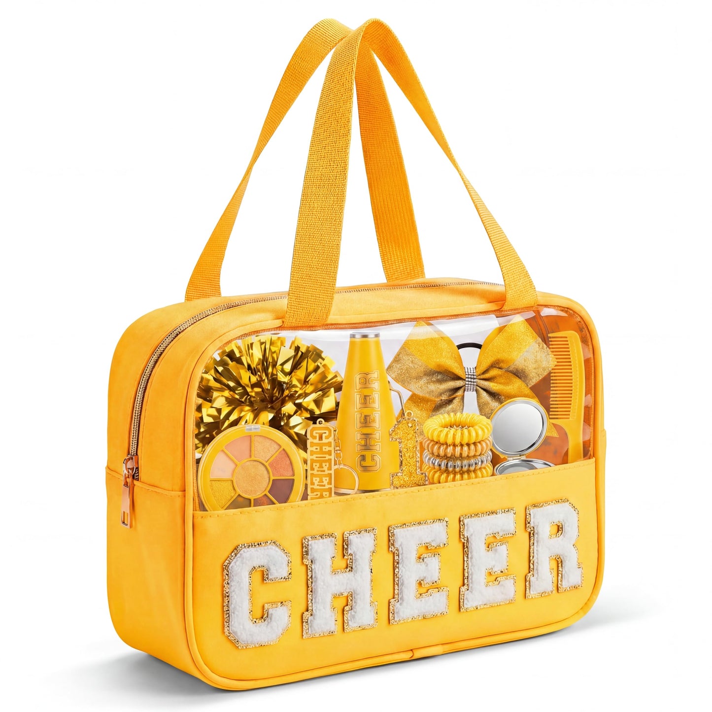 KYTACCU Cheer Makeup Bag Cheerleader Gifts Cheer Chenille Letter Cosmetic Bag Cheerleading Competition Accessories Clear Travel Toiletry Pouch for Girls Women-Yellow
