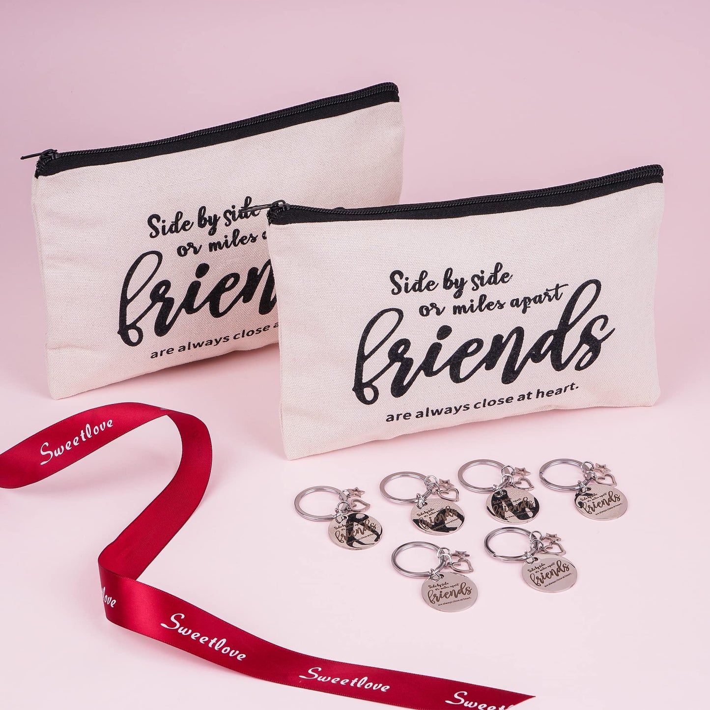 Kolewo4ever 12pc Friend Appreciation Gift Set: 6 Cosmetic Bags & 6 Keychains, White, Letter Print, Zipper Closure, Lightweight, Easy to Clean, Durable, Women Adults, Gift, Travel, Organization