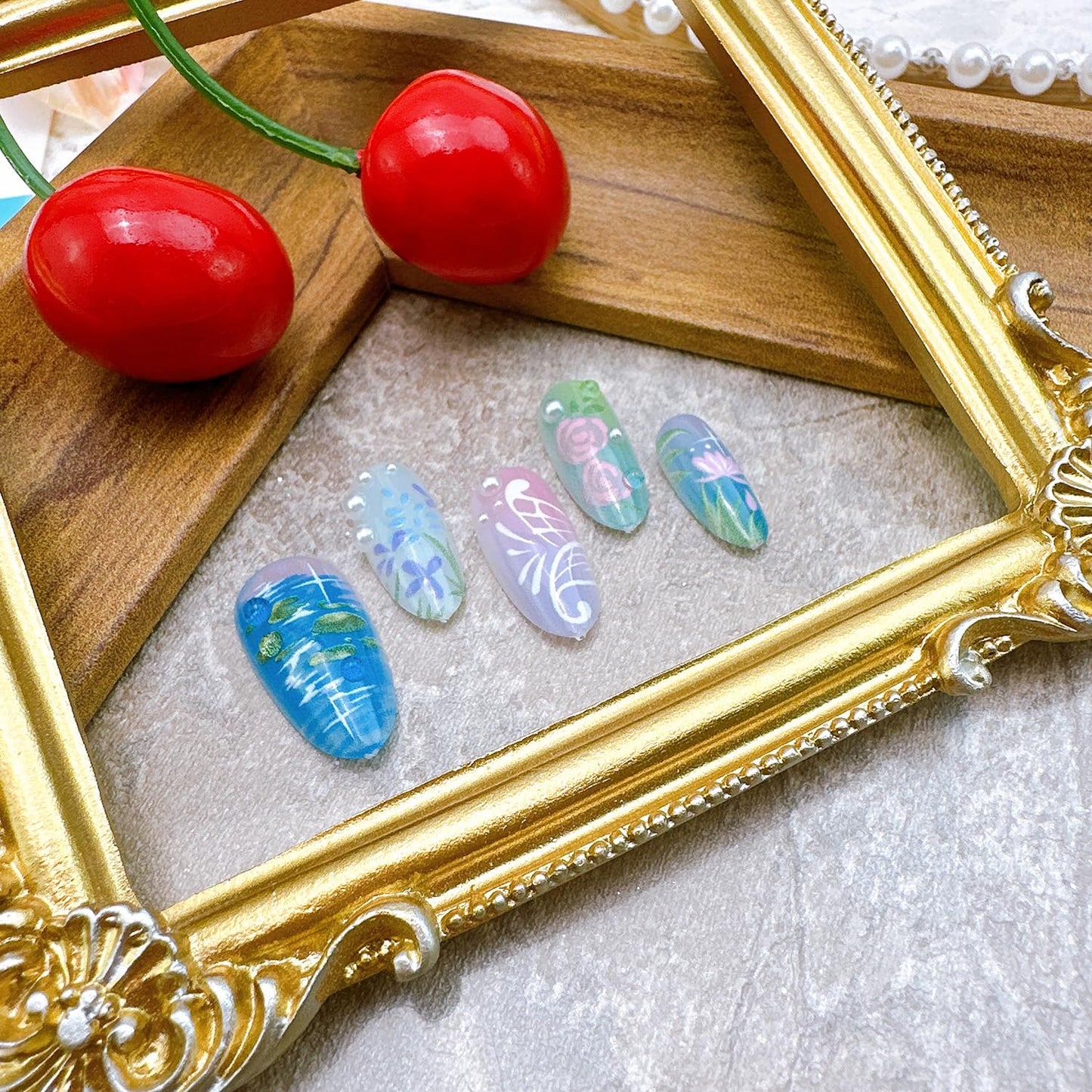 30Pcs Summer Press-On Nails - Medium Almond Pink Floral Acrylic with Pearl Designs | Full Cover Butterfly Stick-On Nails