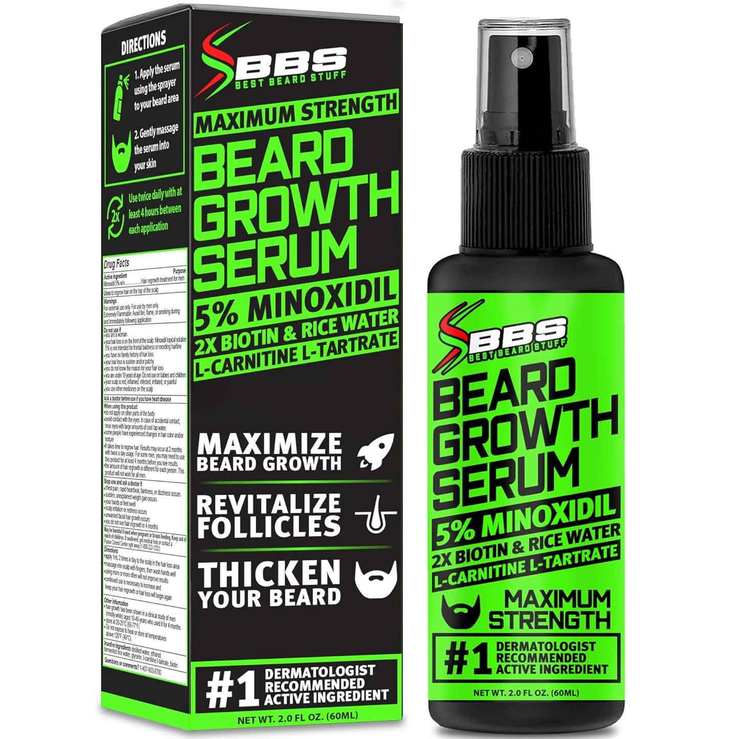 Minoxidil Beard Growth Serum - 5% Formula with 2X Biotin & Rice Water for Thicker Facial Hair | Ideal for Patchy Areas