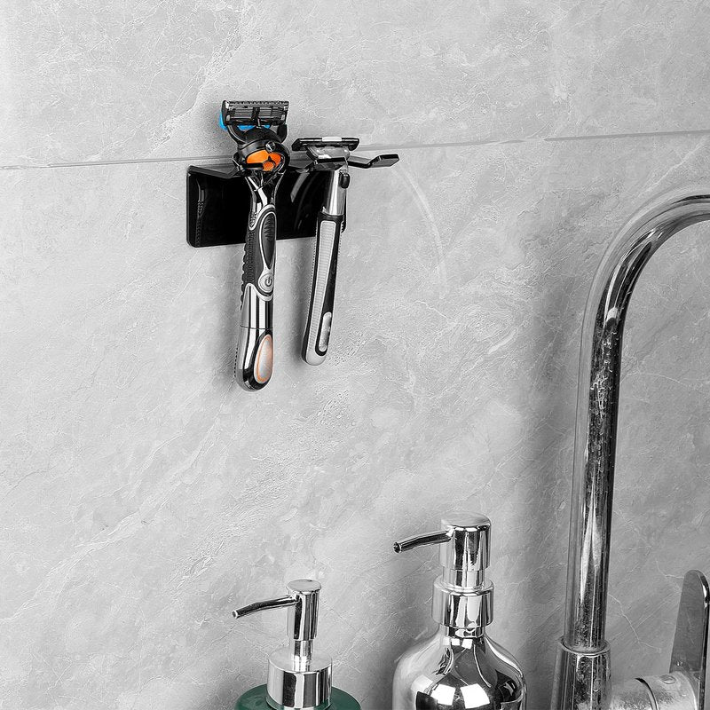 LUEXBOX Safety Razor Holder for Shower Wall, Self Adhesive Razor and Brush Stand for Bathroom, Shaving Brush Stand Compatible with Fusion 5 Proglide, Mach 3 Classic(Black Clear)
