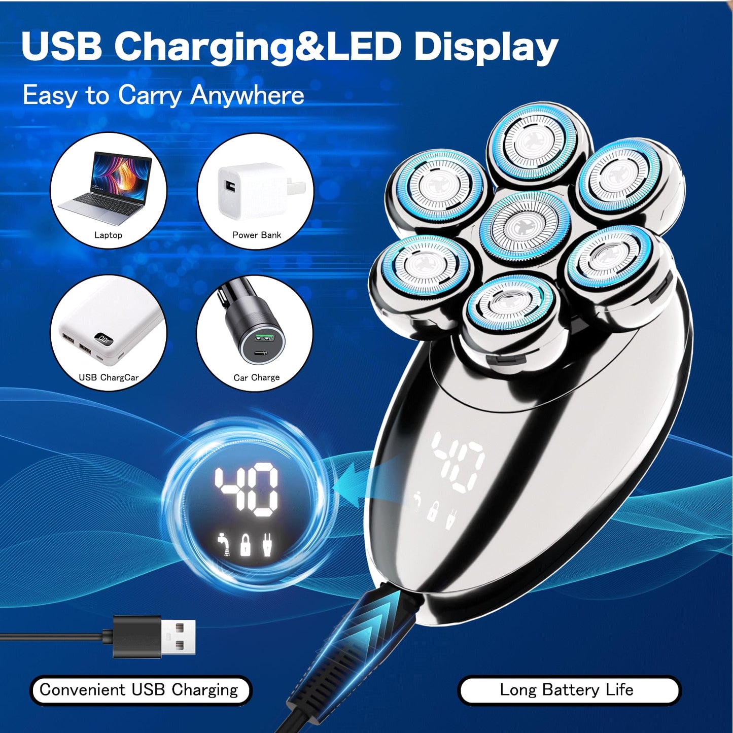 Head Shavers for Bald Men, Electric Razor, IPX8 Waterproof Dry/Wet Bald Head Shaver with 10000 RPM High-Speed Motor, Rechargeable Head Razor with LED Display, USB-C Cable, Perfect for Home & Travel