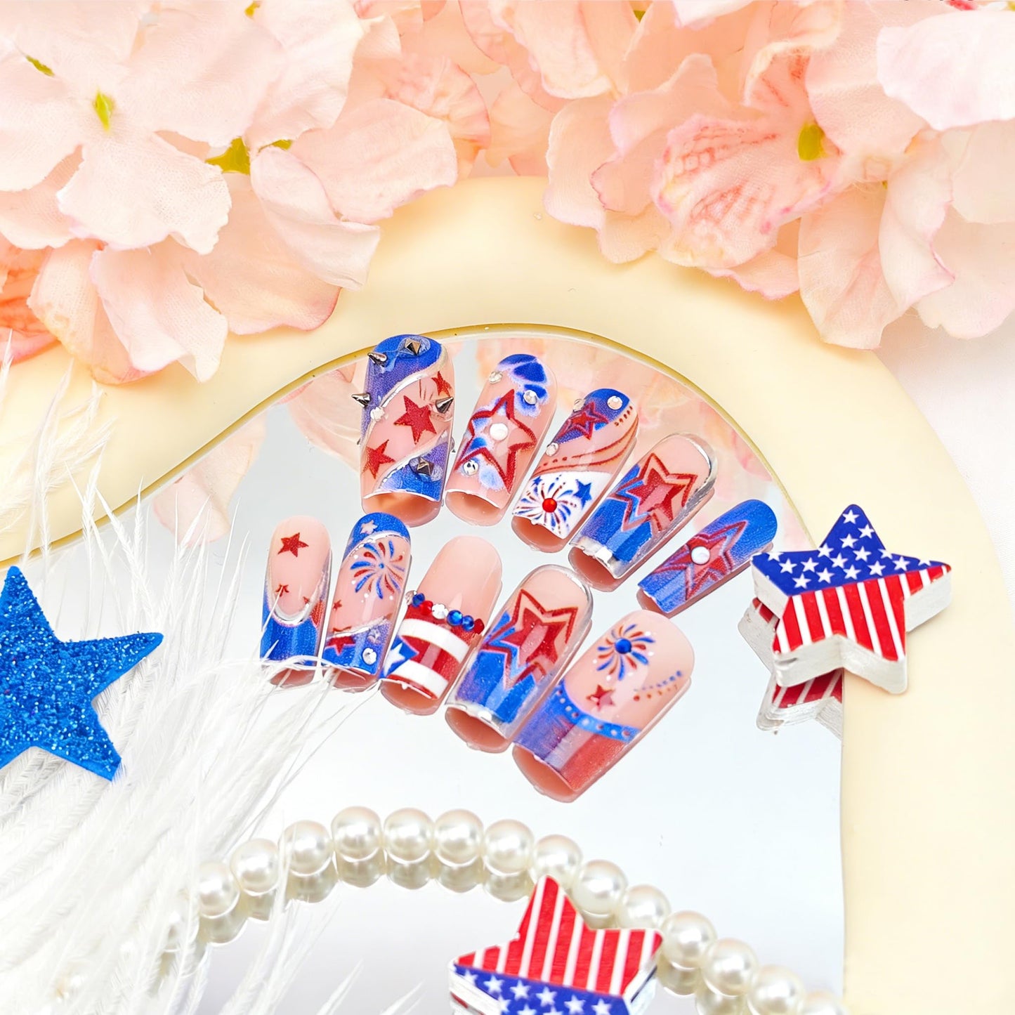24Pcs 4th of July Press on Nails Medium Square French Tip Fake Nails Independence Day Red White Blue Glitter Designs Patriotic Firework False Nails American Flag Glue on Nails DIY for Women Decoration