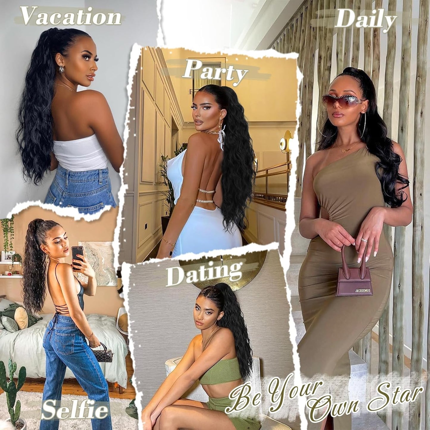 Black Ponytail Extensions - 26-Inch Long Wavy Drawstring Ponytails for Women | Synthetic Clip-In Hairpieces