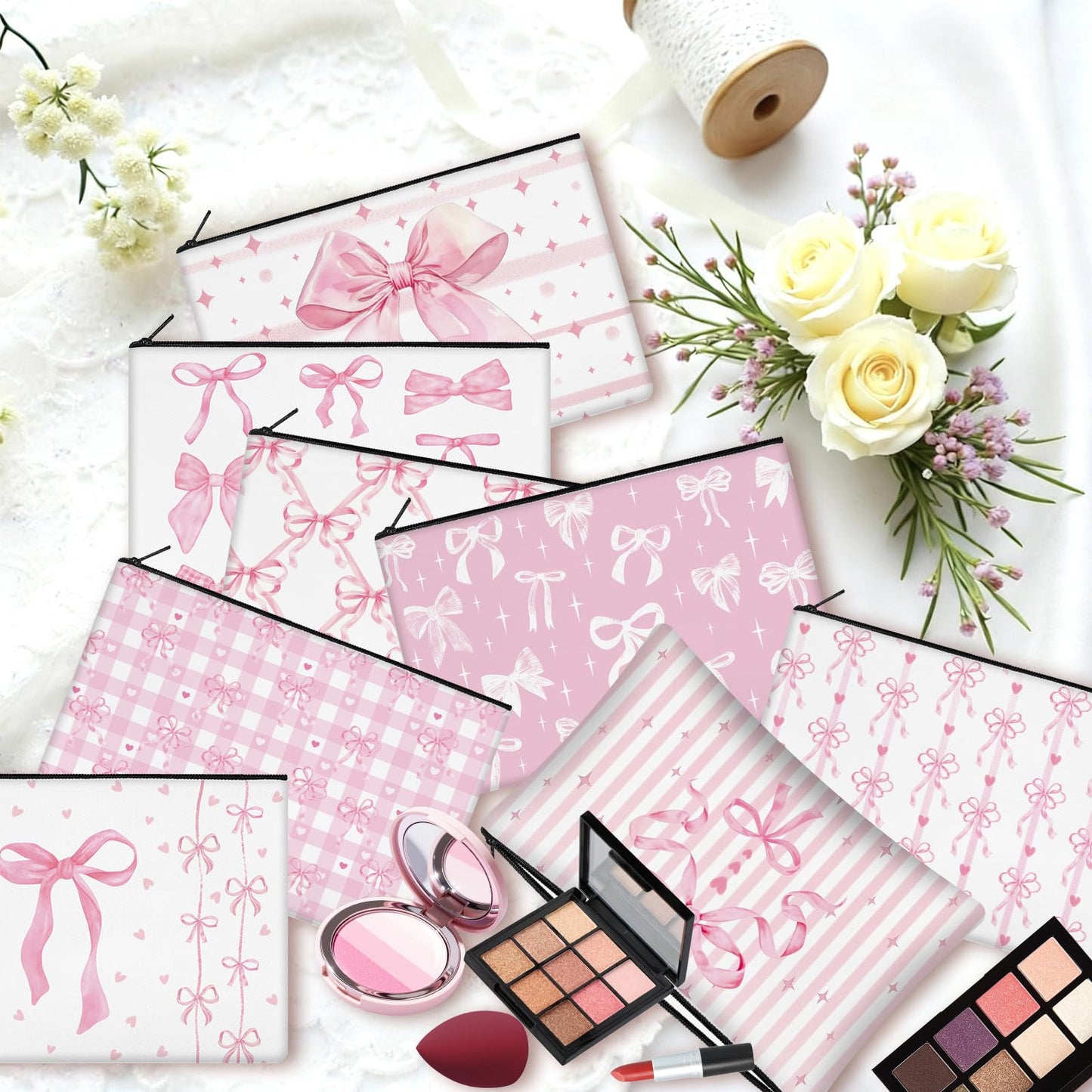 KOPOOEOE 30 Pcs Pink Bow Makeup Bags Coquette Cosmetic Zipper Pouches with Elegant Pink Bow Makeup Bag Bulk Canvas Cosmetic Travel Toiletry Pouch for Women Bridesmaids Wedding Favors