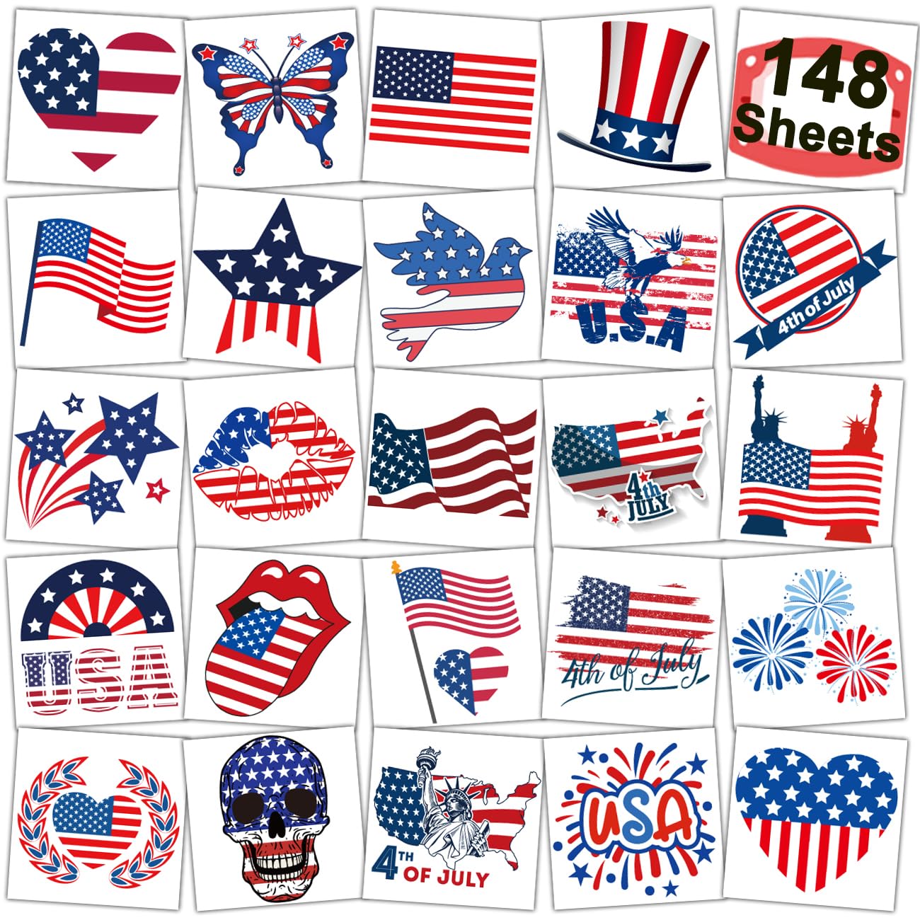 4th of July Temporary Tattoos - 148 American Flag Designs for Kids & Adults | Independence Day Party Favors