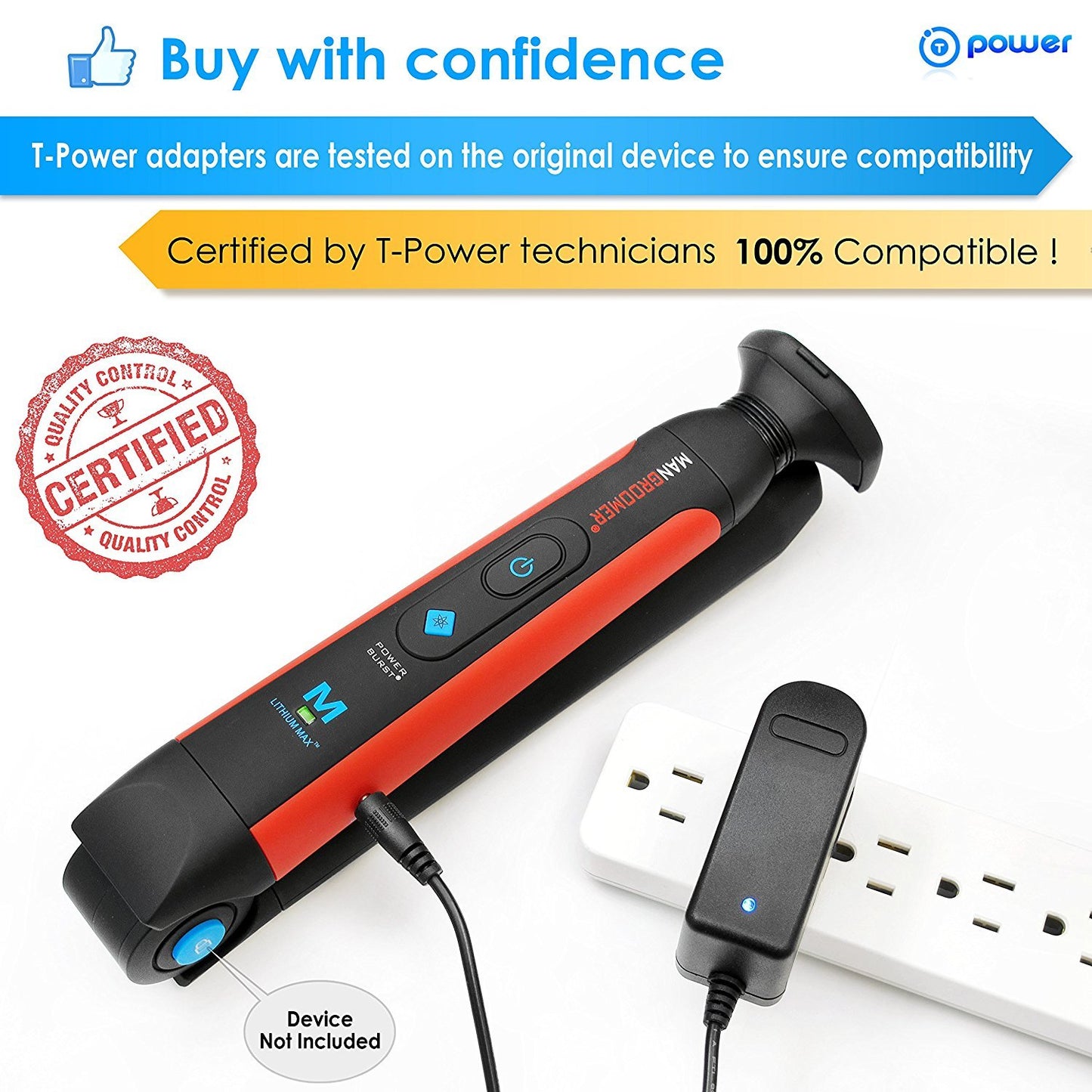 T POWER Charger for Mangroomer Lithium Max Back Shaver & Ultimate PRO Back Shaver with 2 Shock Absorber Flex Heads, Power Hinge, Extreme Reach Handle and Power Burst Charger