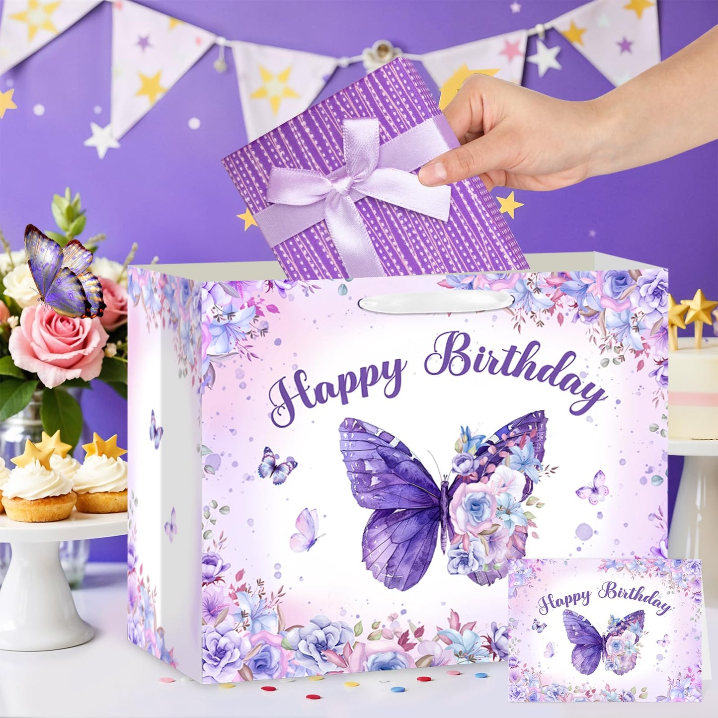 LUUFILx Butterfly Birthday Gift Bag for Girls Women Butterfly Flower Party Favor Bags with Wrapping Paper Card Purple Pink Floral Gift Bag for Baby Shower Birthday Decorations Party Supplies (Purple)