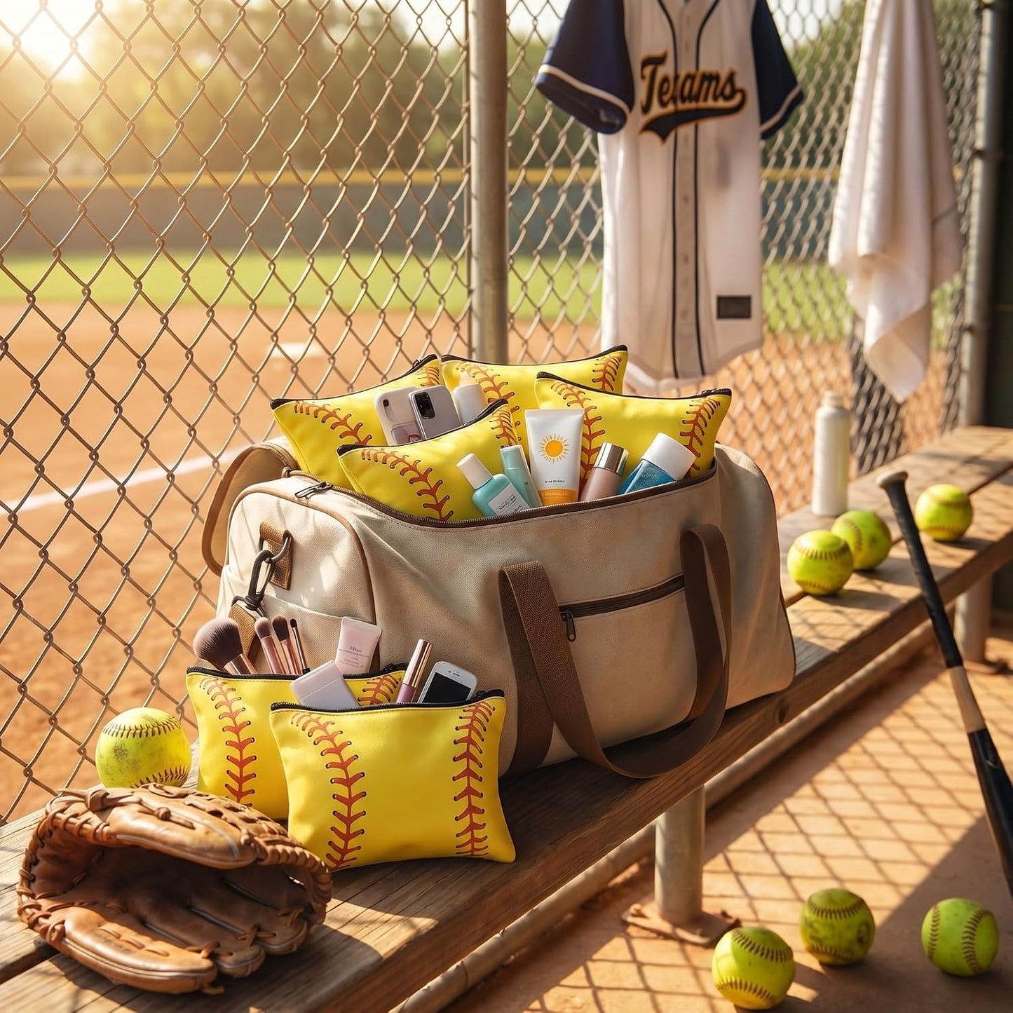 Softball Makeup Bags - 12 Pcs Canvas Cosmetic Zipper Pouches | Portable Travel Toiletry Organizers for Team Gifts