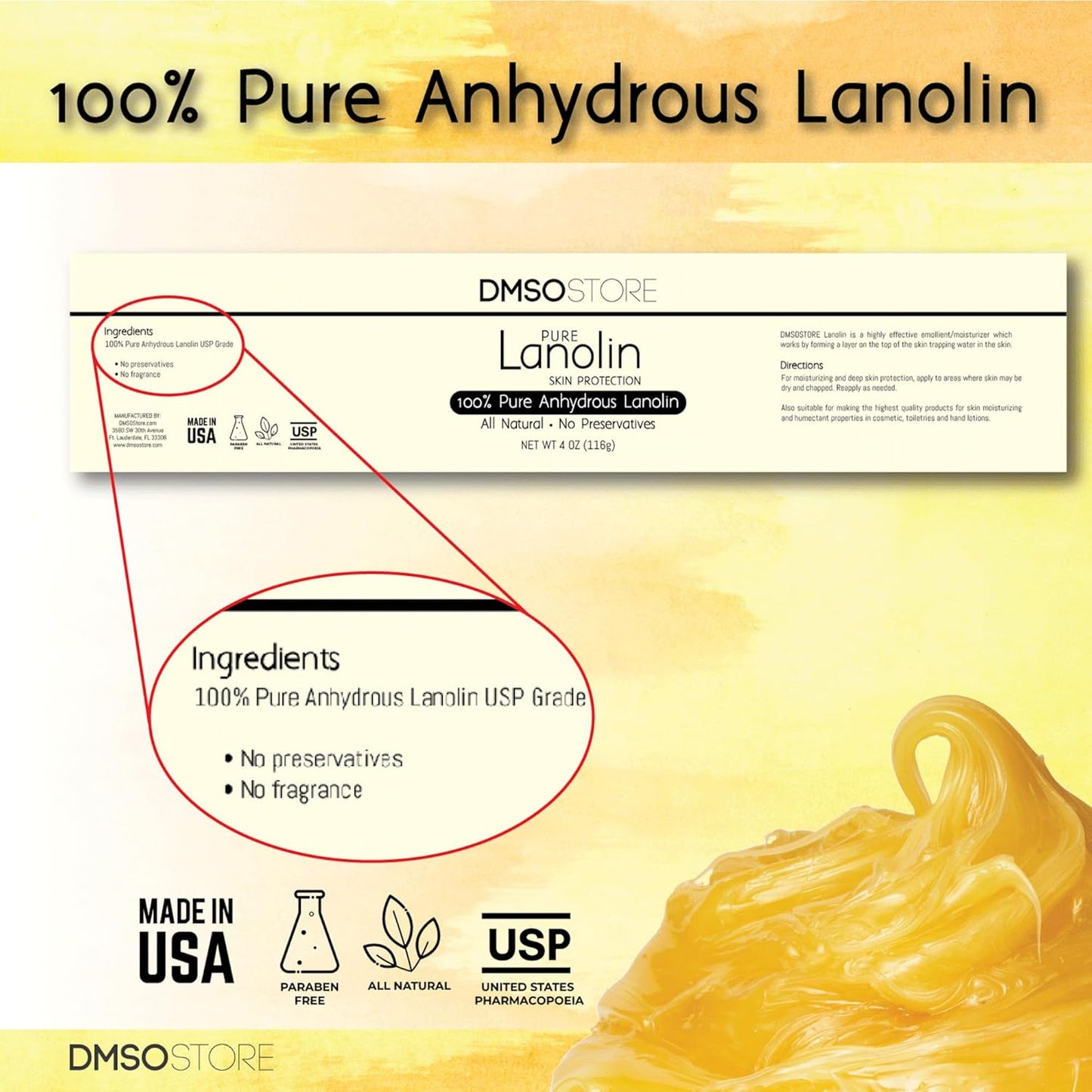Lanolin - 100% Pure Unrefined Sheep Wool Skin Moisturizer | USP Grade, Anhydrous, 1 lb