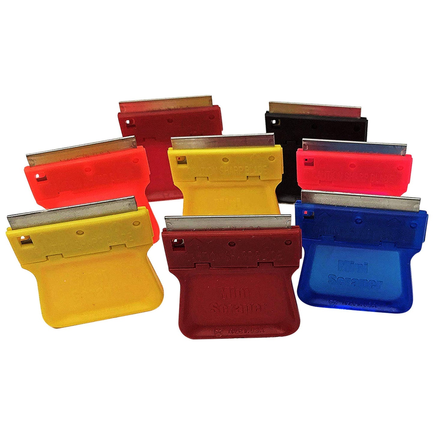 MINISCRAPER® Original Mini Scraper – 8 Pack | Safe Plastic Razor Blade Scraper for Stickers, Labels, Paint, Adhesive, Glass, Auto, Kitchen & Craft Use | USA‑Made, High‑Visibility Colors