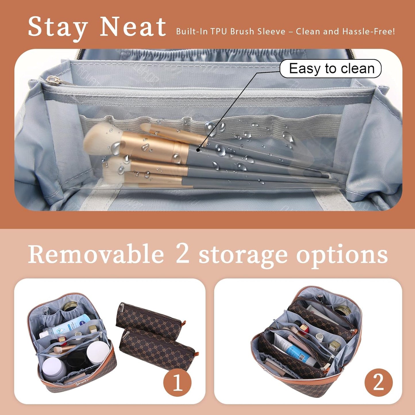Travel Makeup Bag Set - Large Vegan Leather Cosmetic Organizer with Handle | 3 Pcs Portable Toiletry Bags in Coffee