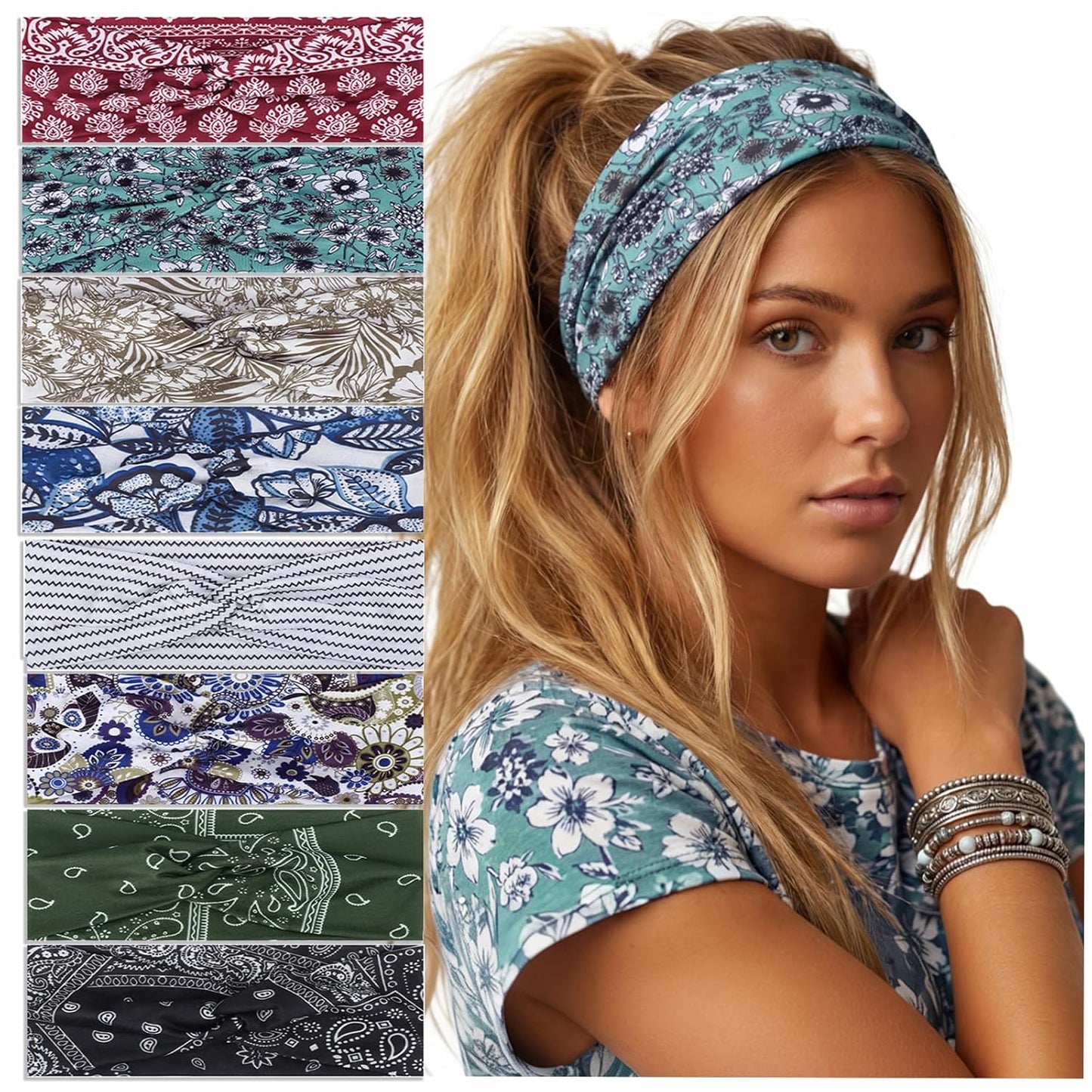 Needbrock Boho Headbands for Women - 8 Pcs Non-Slip Knotted Hair Bands | Soft Stretchy Cloth for Yoga & Daily Wear