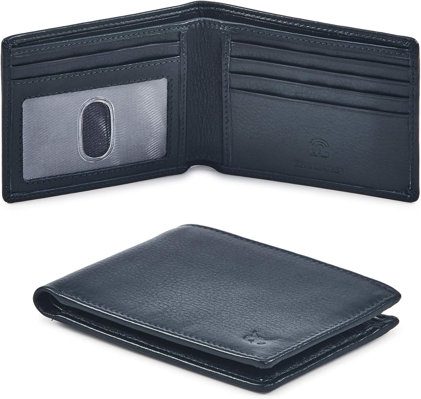 Real Leather Mens Bifold Wallet | RFID Blocking Slim Minimalist Design - Thin & Stylish with ID Window in Gift Box (Crazy Horse, Coffee)