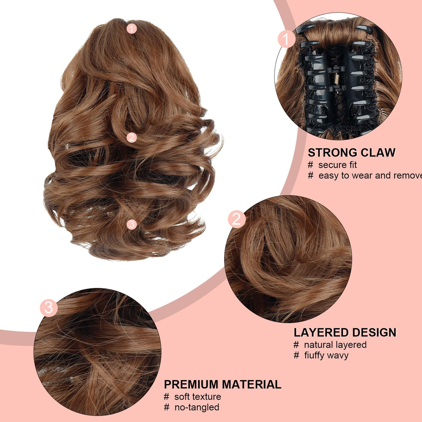 HEWEICSY Ponytail Extension, Clip on Ponytails for Women, 9" Claw Clip in Short Curly Wavy Pony Hair Extension for Women - Light Golden Brown