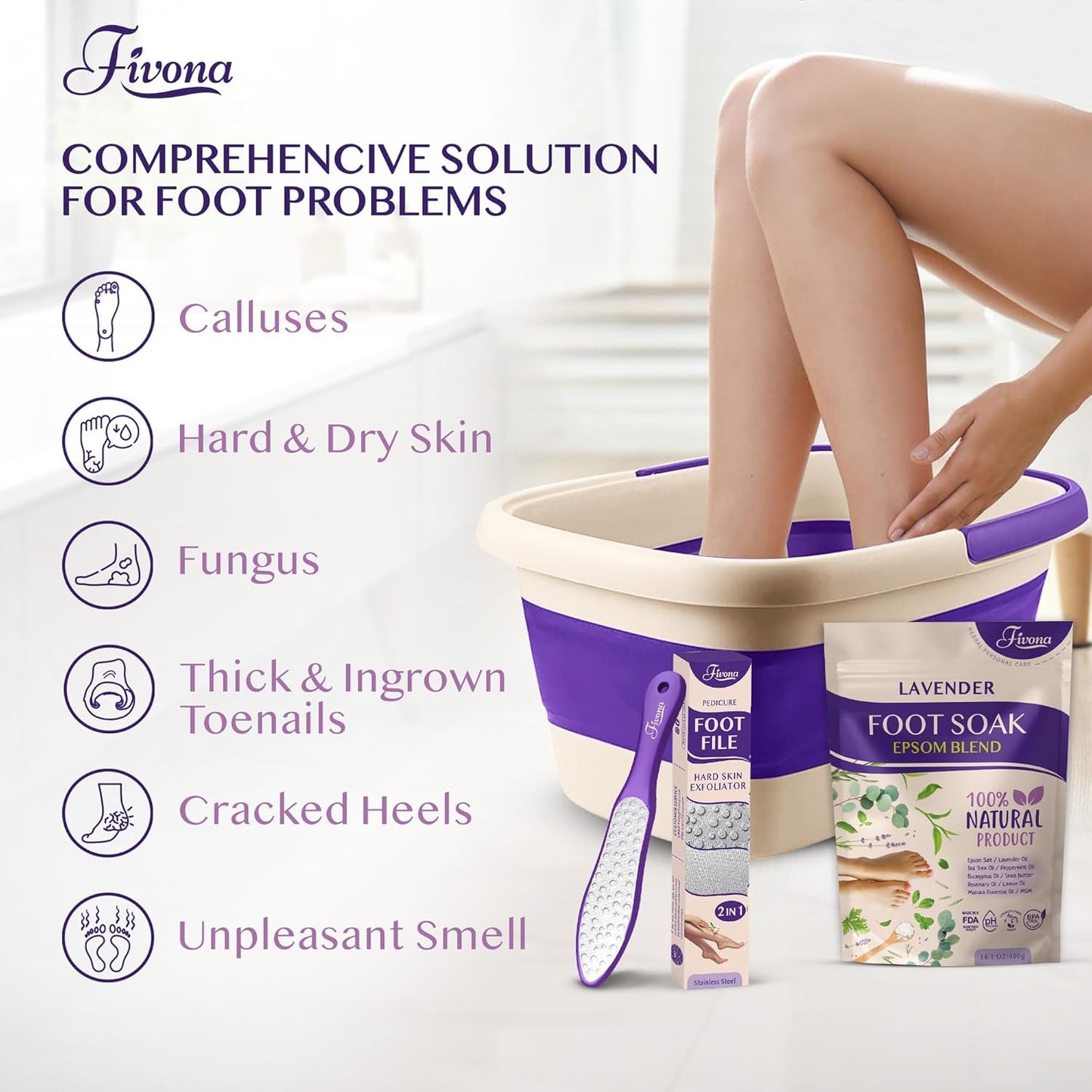 Fivona Foot Care Kit - 3-in-1 Epsom Salt Foot Soak with Lavender & Essential Oils | Collapsible Basin & Dual Action File