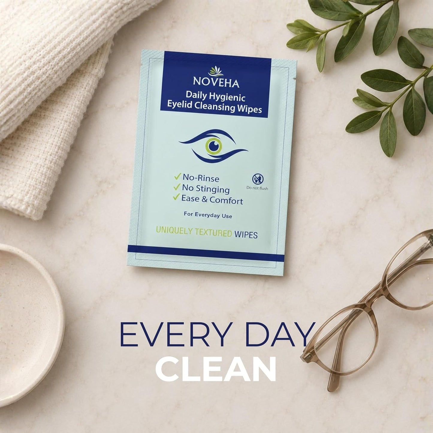 NOVEHA Daily Eyelid & Lash Wipes - 60 Individually Wrapped Refreshing Wipes for Blepharitis & Itchy Eyes