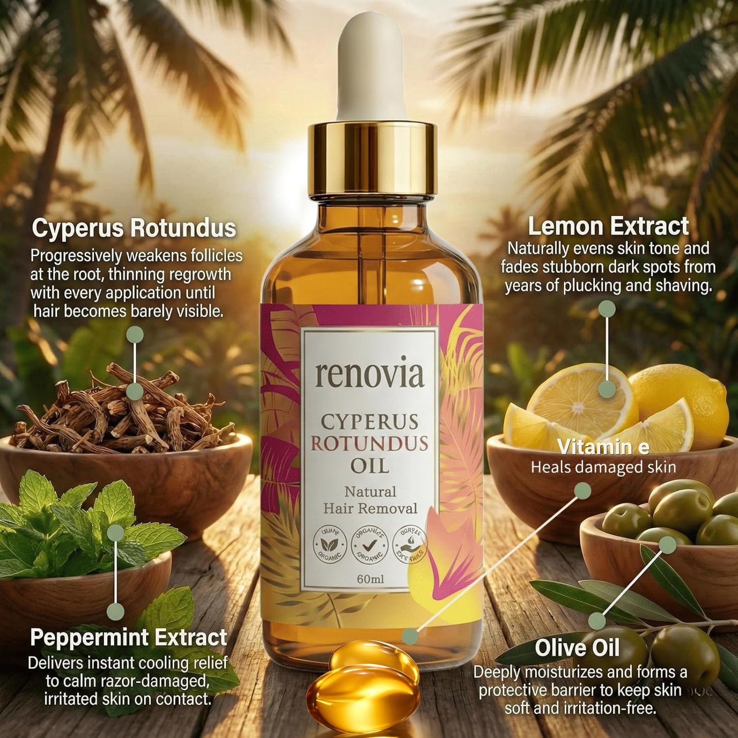 Cyperus Rotundus Oil for Hair Removal - Moisturizing Skin Serum, Gentle Formula | 1 Bottle