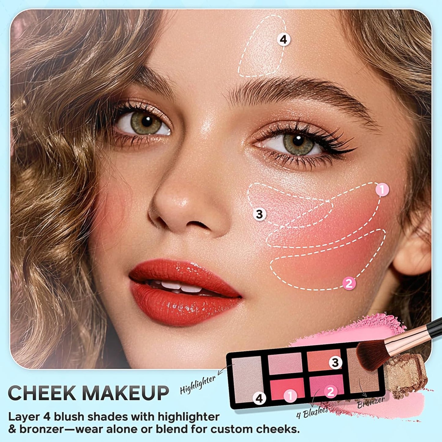 Beginner Makeup Kit for Teens - 24-Color Eyeshadow Palette, Blush, Bronzer & Brushes | Small Cosmetic Train Case Included