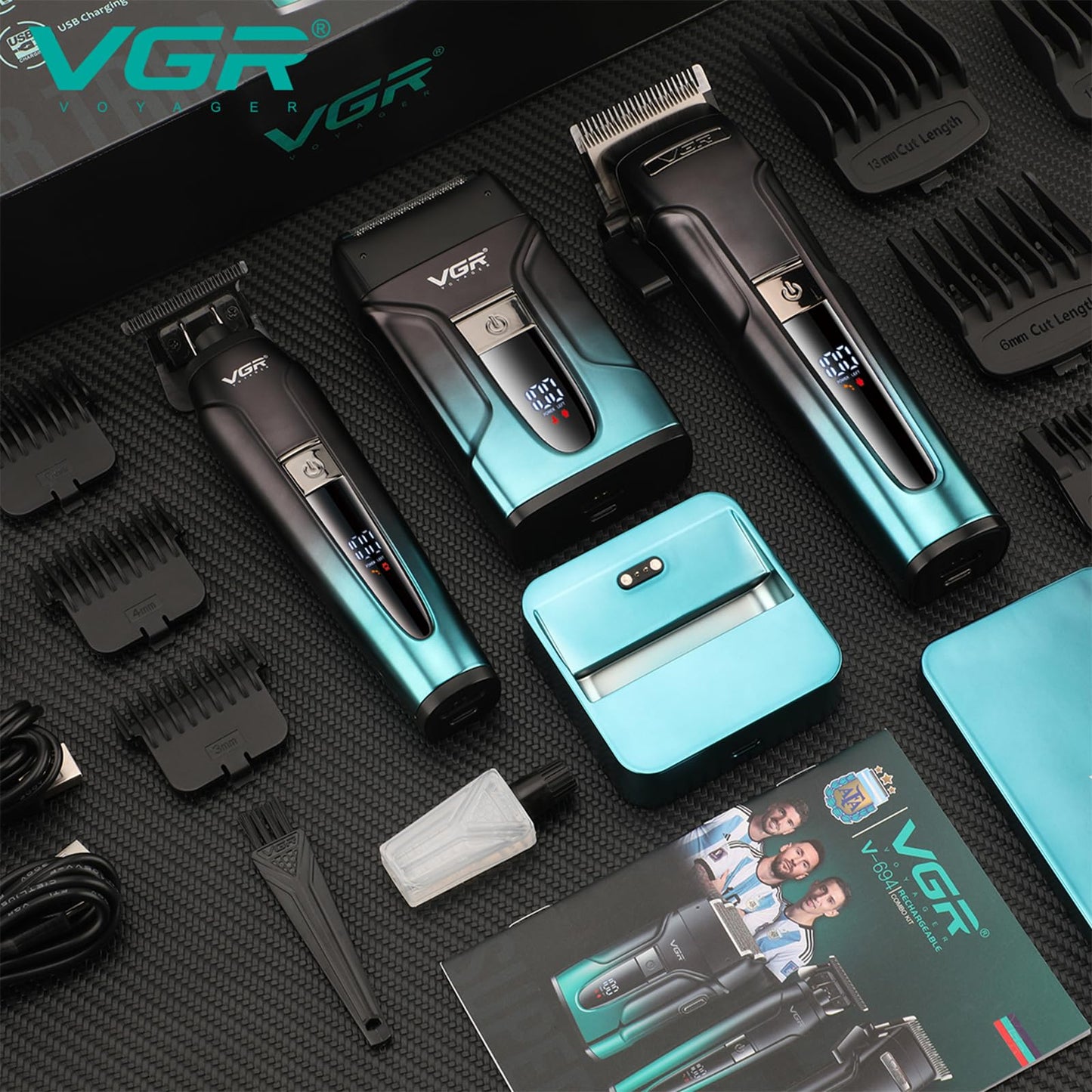 VGR 694 Hair Clippers for Men, Professional Barber Clippers and Trimmers Set, Mens Cordless Hair Cutting Kit with Foil Shaver, Charging Base & LED Display(Green)