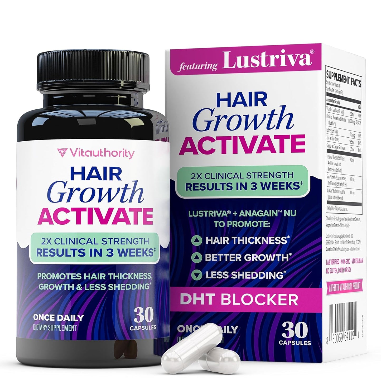 Lustriva Hair Growth Supplement - DHT Blocker Vitamins for Thicker, Fuller Hair | Biotin, Saw Palmetto, Zinc & Copper | 30 Capsules