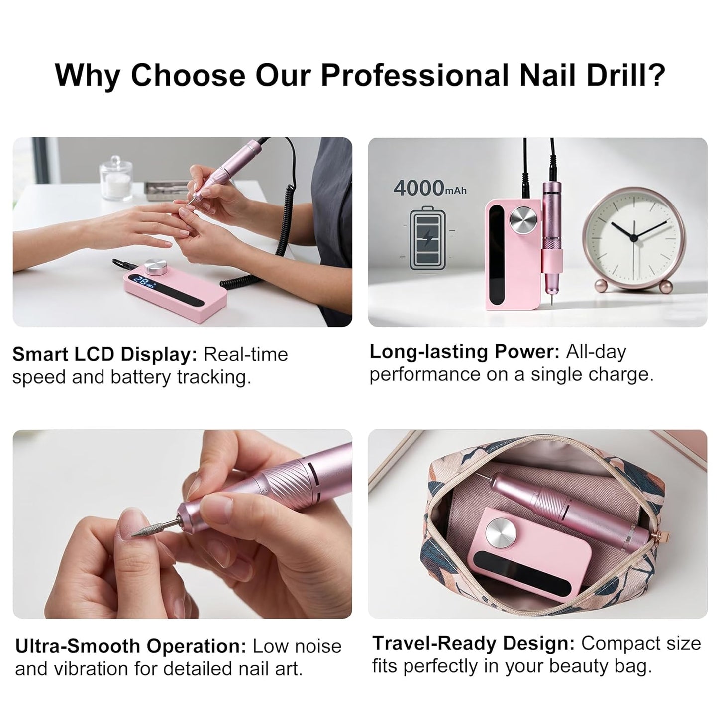 Cordless Electric Nail Drill - Professional Rechargeable Nail File Machine for Acrylic & Gel Polish | Portable Pink Manicure Kit